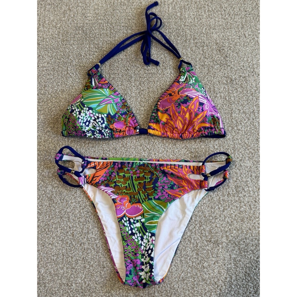 Trina Turk Tropical Escape Print Hipster Triangle Top Swimsuit Bikini 6 *Read